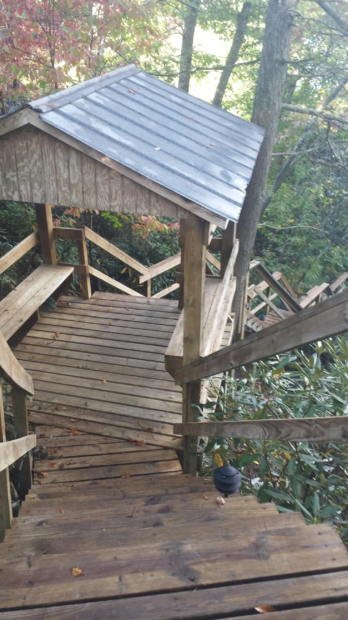 Metal roofed shelter over wooden steps on a wooded walkway — Skylight Repair & Installation work by our crew in Eastsound